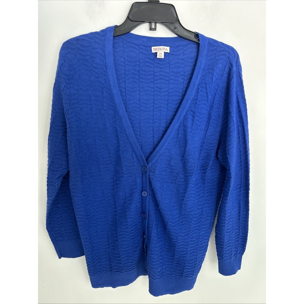 Merona Women's L V-Neck Button-up Navy Blue Textured Long Sleeve 100% Cotton
